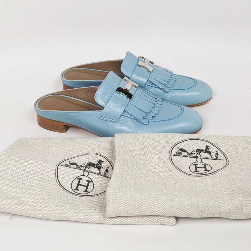 SOLD Hermes Rivoli Fringe Bleu Dorset Mule - Picture 6 of 7
